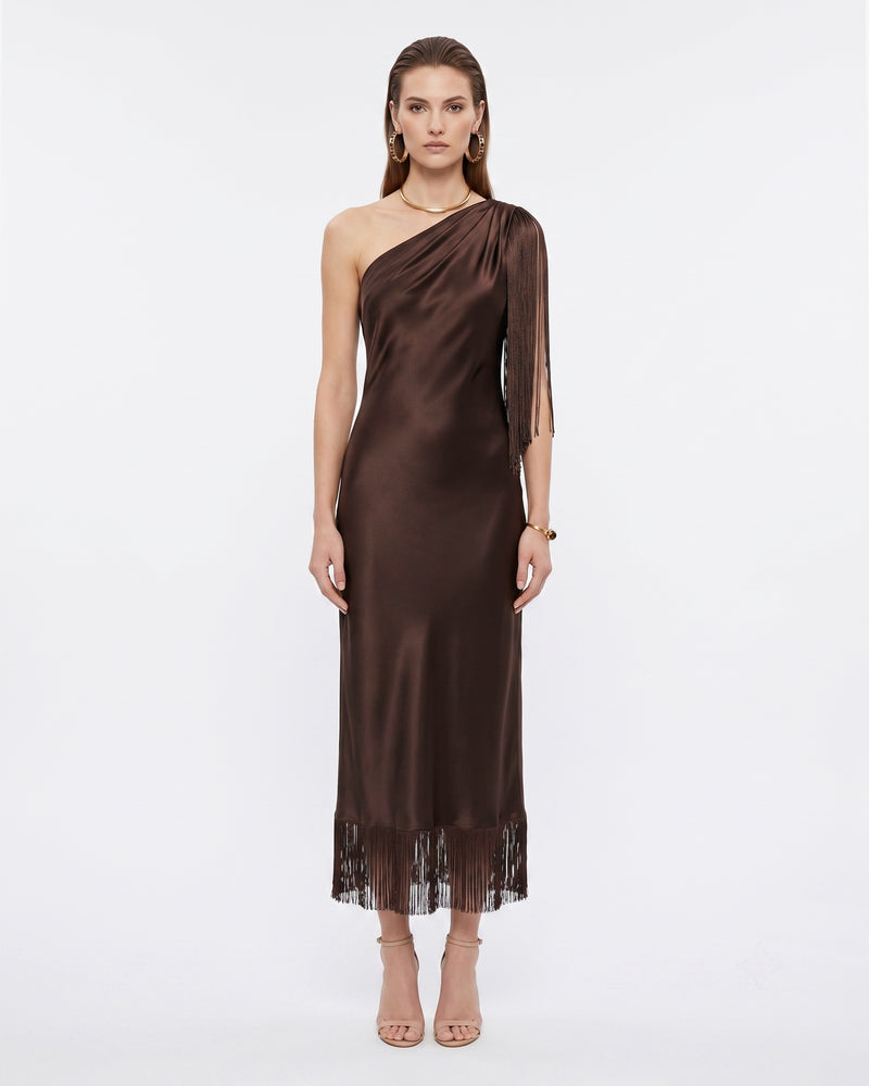 One Shoulder Fringe Midi Dress - Mocha