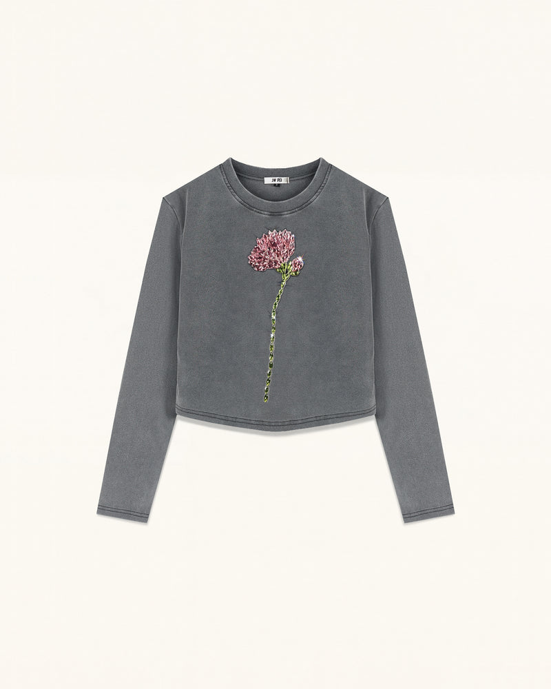 Rhinestone Rose Acid Cropped Tee - Washed Slate