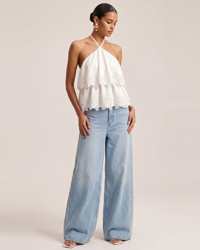 Orchid Embroidered Tiered Halter Top - White