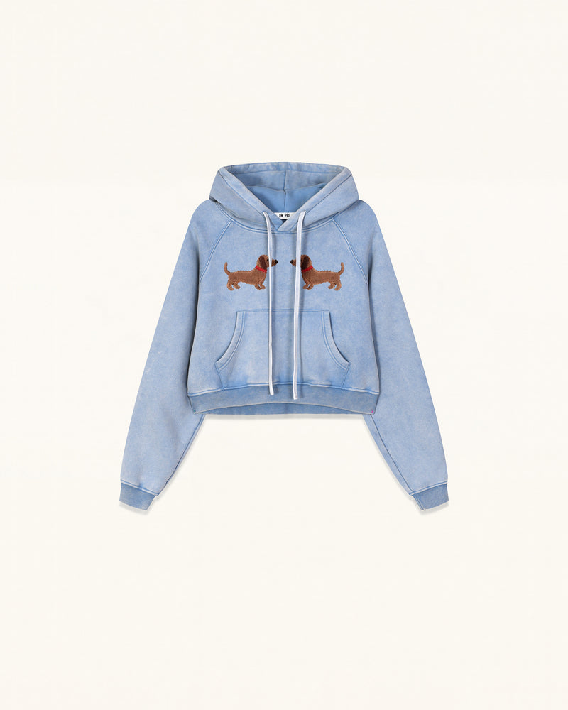 Facing Dachshund Acid Cropped Hoodie - Washed Sky