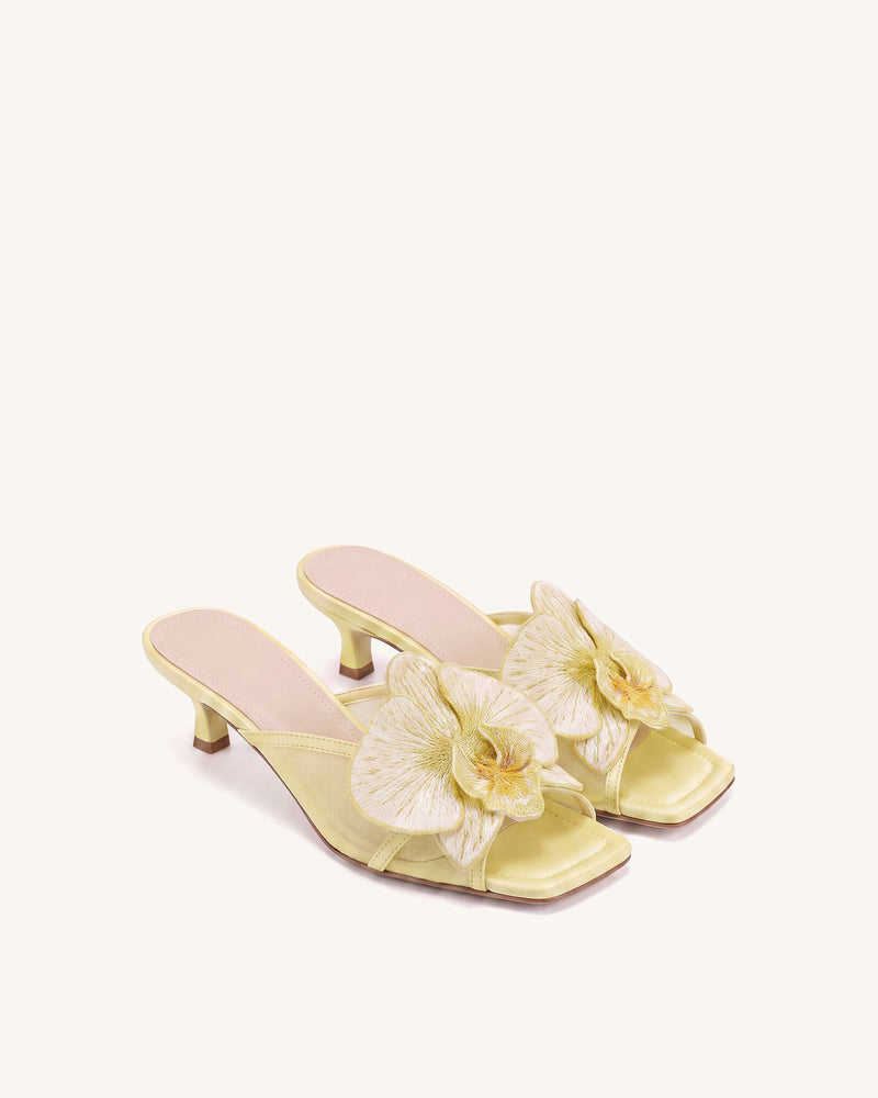Serena Oversized Orchid Embroidered Mules - Yellow