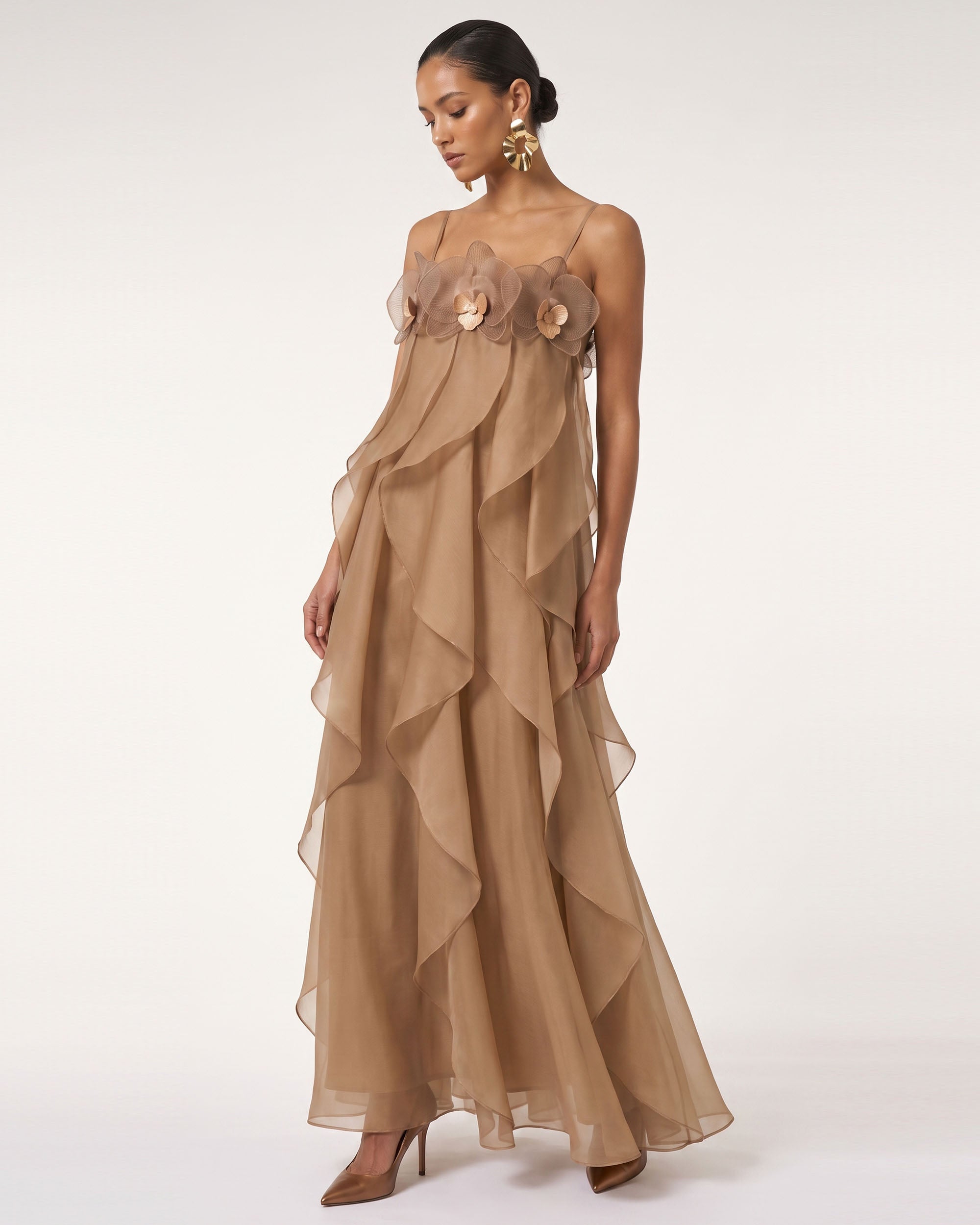 Orchid Embroidered Organza Maxi Dress - Light Brown