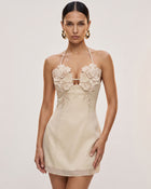 Flower Embroidered Mini Dress - Light Champagne