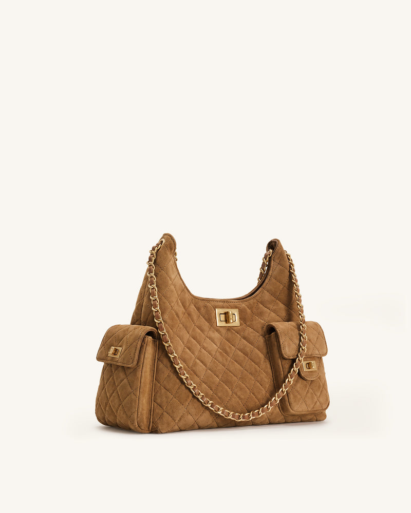Vivian Faux Suede Quilted Chain Shoulder Bag - Caramel Brown