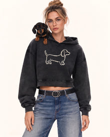 Pearl Outline Dachshund Cropped Hoodie - Acid Black