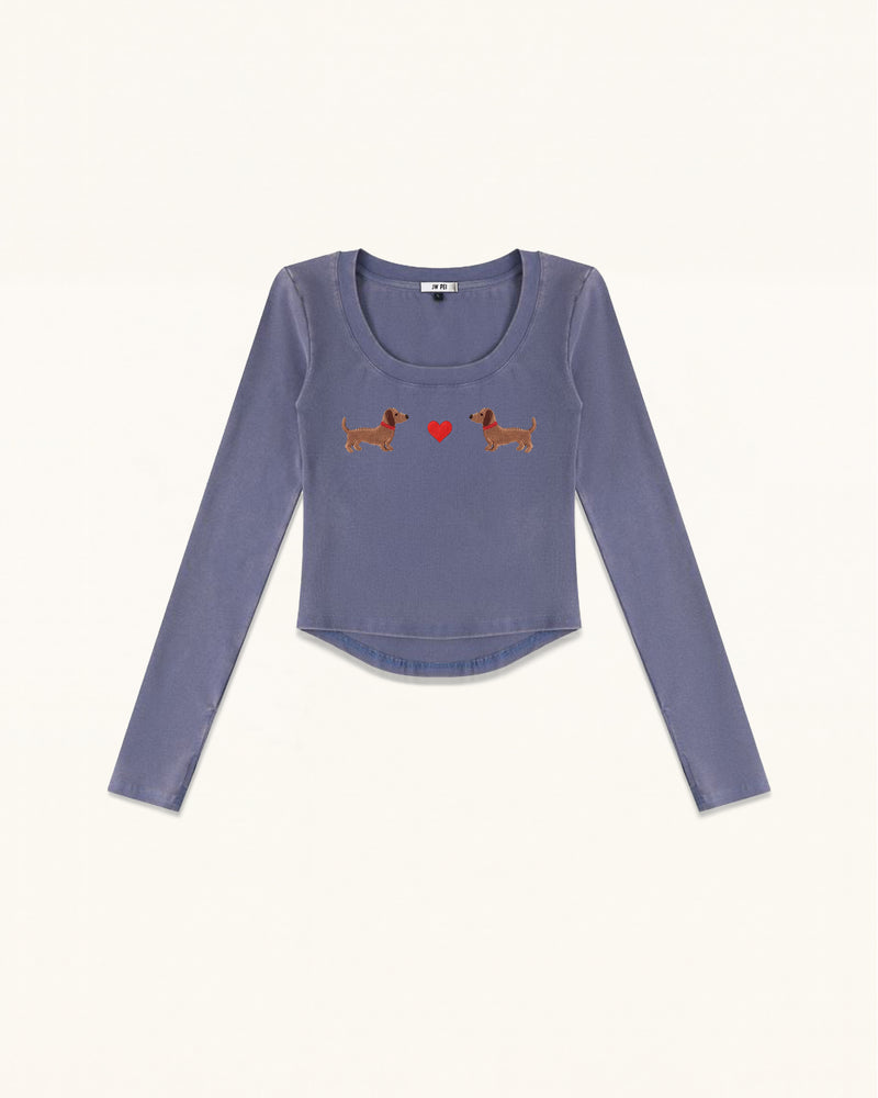 Dachshund Heart Scoop Neck Curved Cropped Tee - Smokey Slate