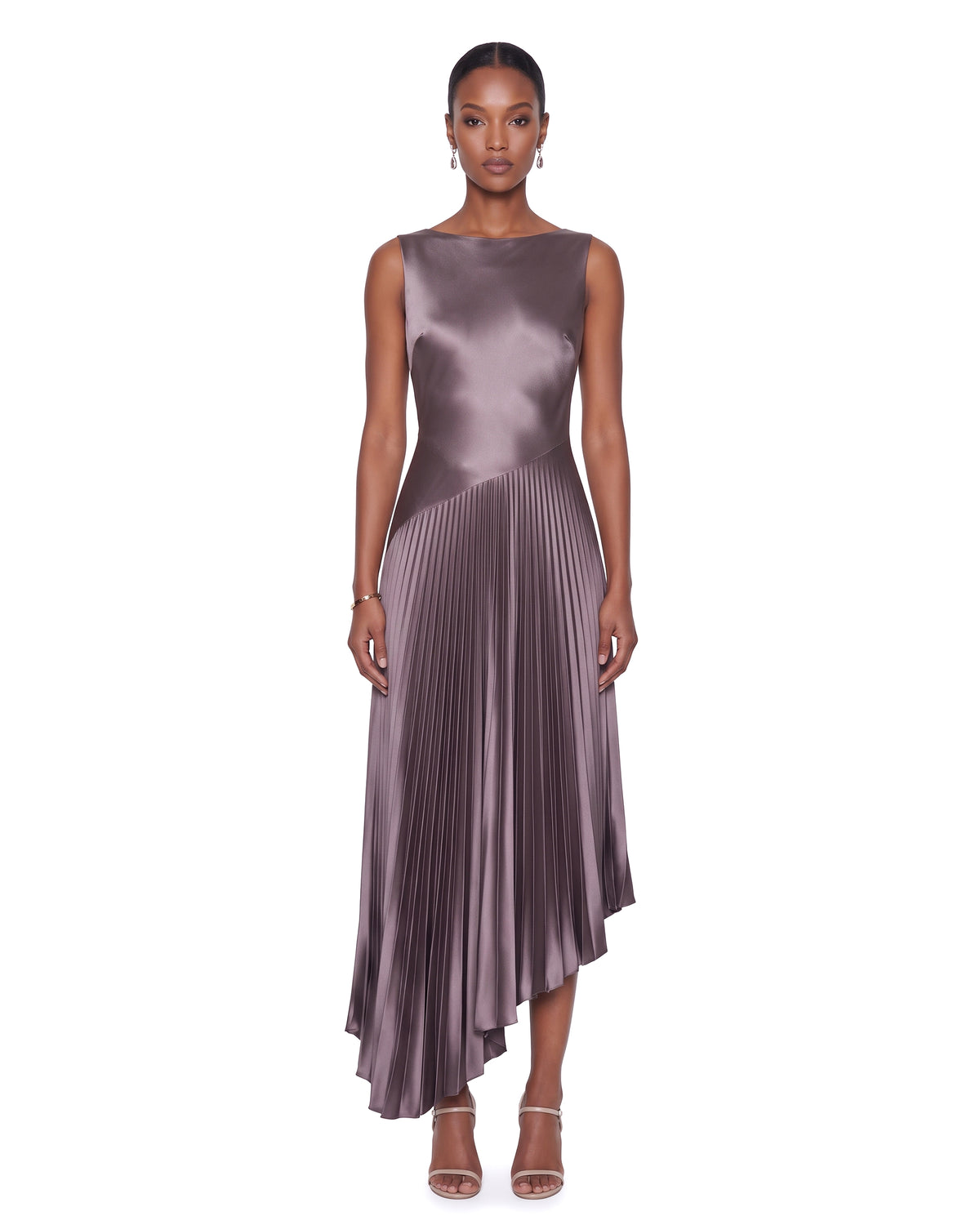 Satin Cowl-Back Pleated Asymmetric Midi Dress - Mauve