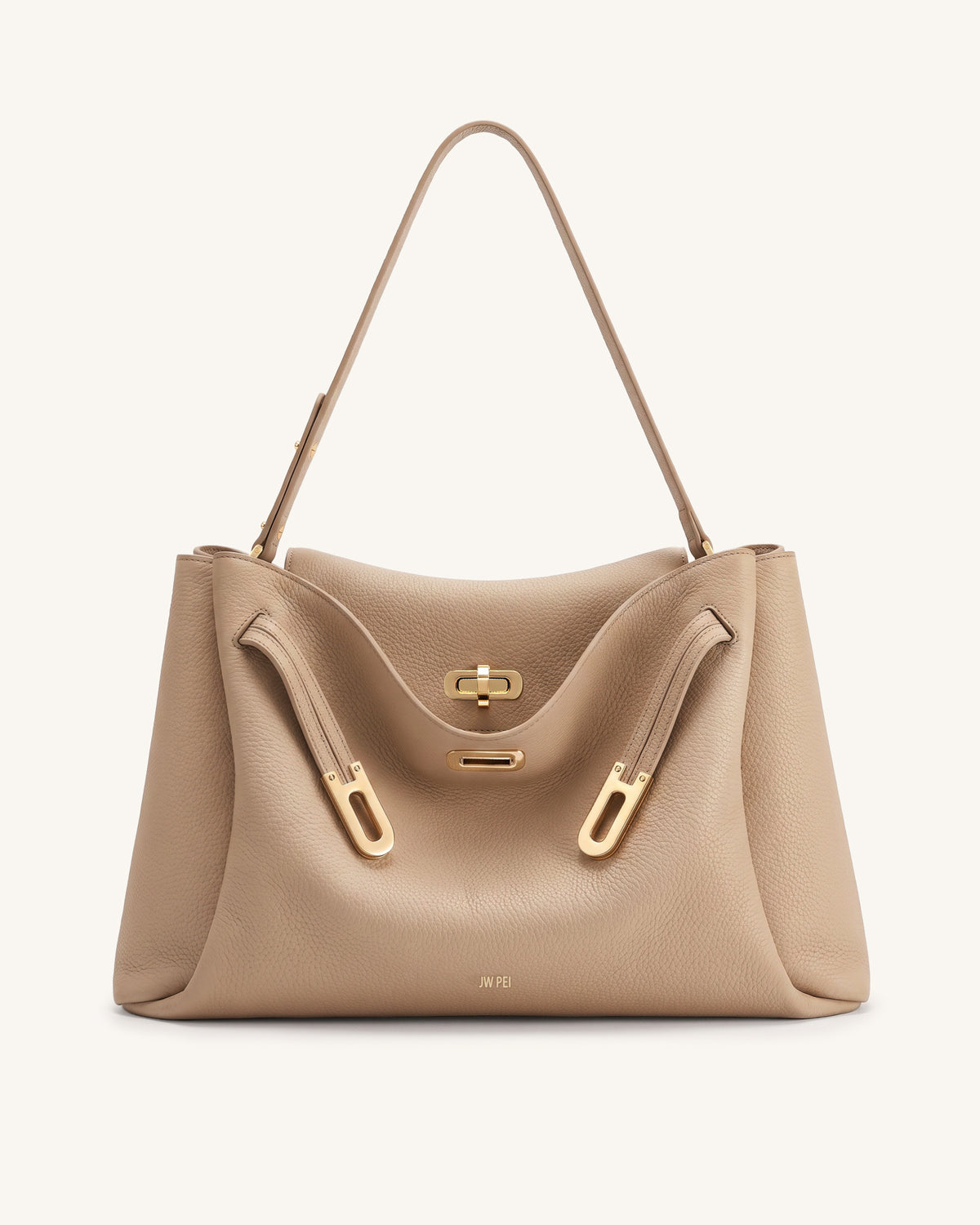 Rhea Large Pebbled Double Buckle Shoulder Bag - Light Camel