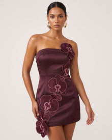 Orchid Embroidered Floral Appliqué Strapless Mini Dress - Burgundy