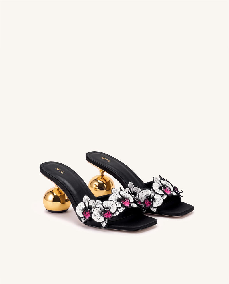 Celia Orchid Embroidered Sphere Heel Mules - Black