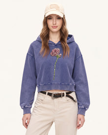 Rhinestone Rose Acid Washed Pullover Hoodie - Acid Purple