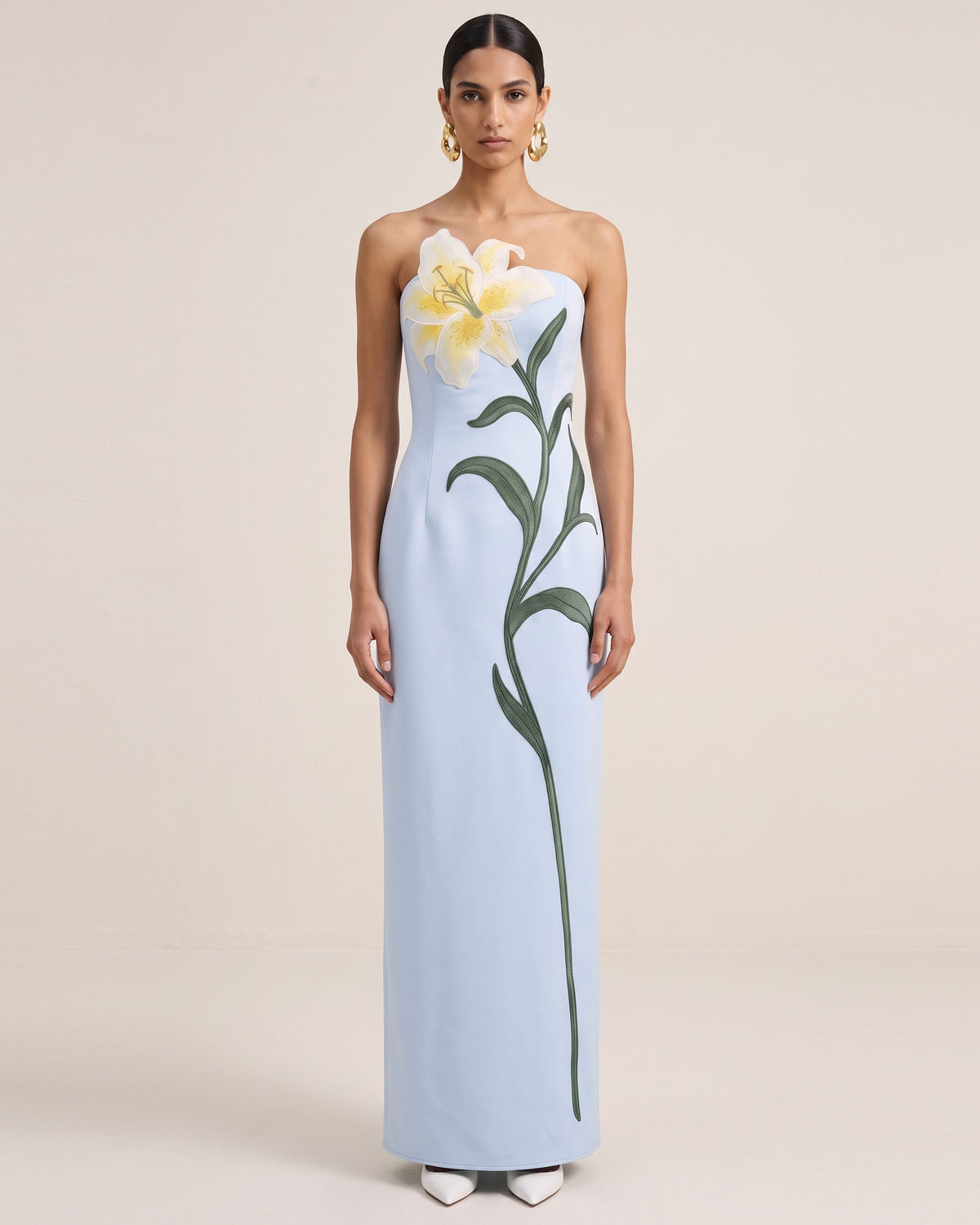 Lily Embroidered Strapless Satin Maxi Dress - Light Blue