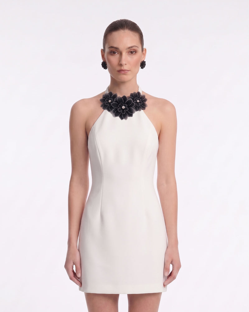 Floral Appliqué Halter Mini Dress - Ivory