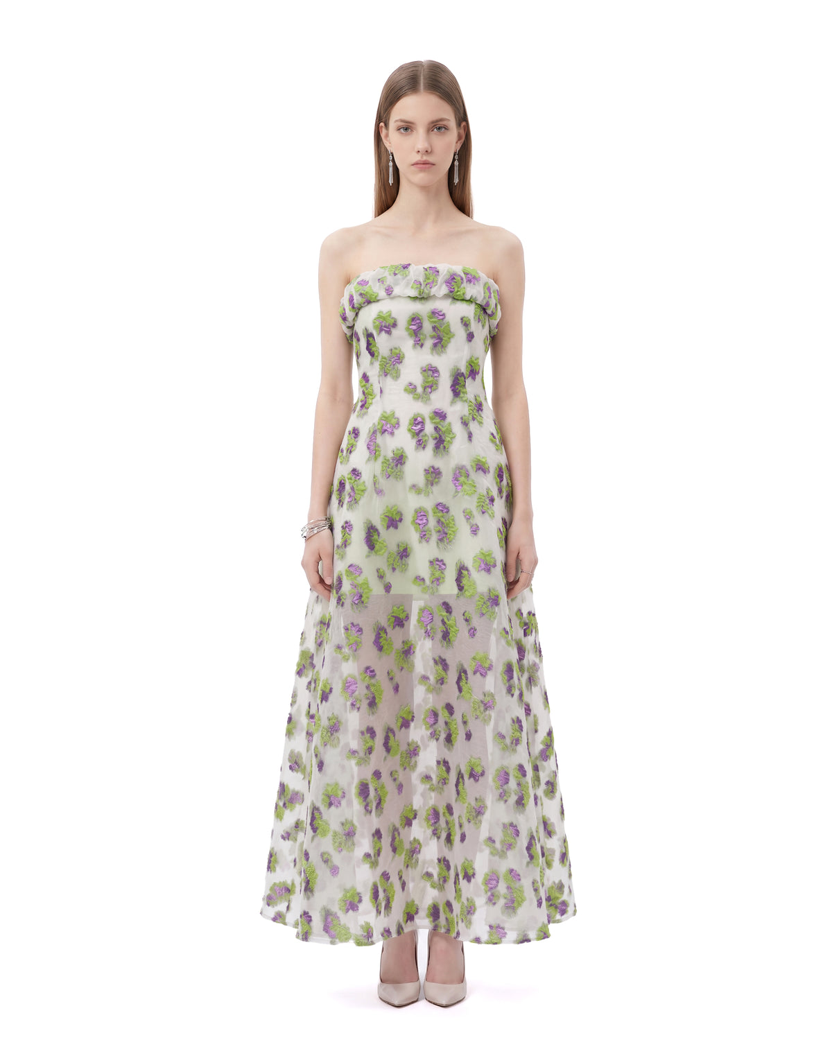 Strapless Ruffle Floral Print Sheer Maxi Dress - Green Multi