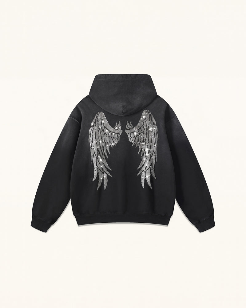 The Seraphic Crystal Feather Wing Hoodie - Washed Black