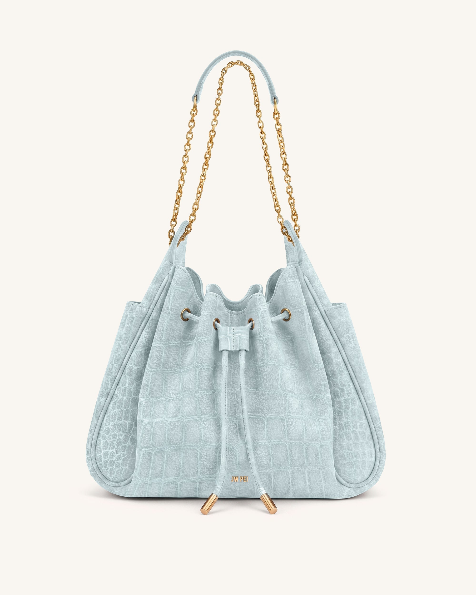 Rowan Faux Suede Drawstring Chain Bucket Bag - Sky Blue Croc