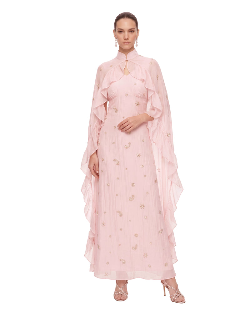 Embellished Ruffle Cape High-Neck Maxi Dress - Blush