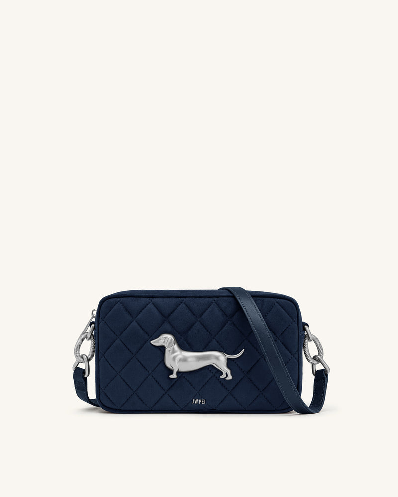 Riley Faux Suede Dachshund Quilted Shoulder Bag - Navy Blue