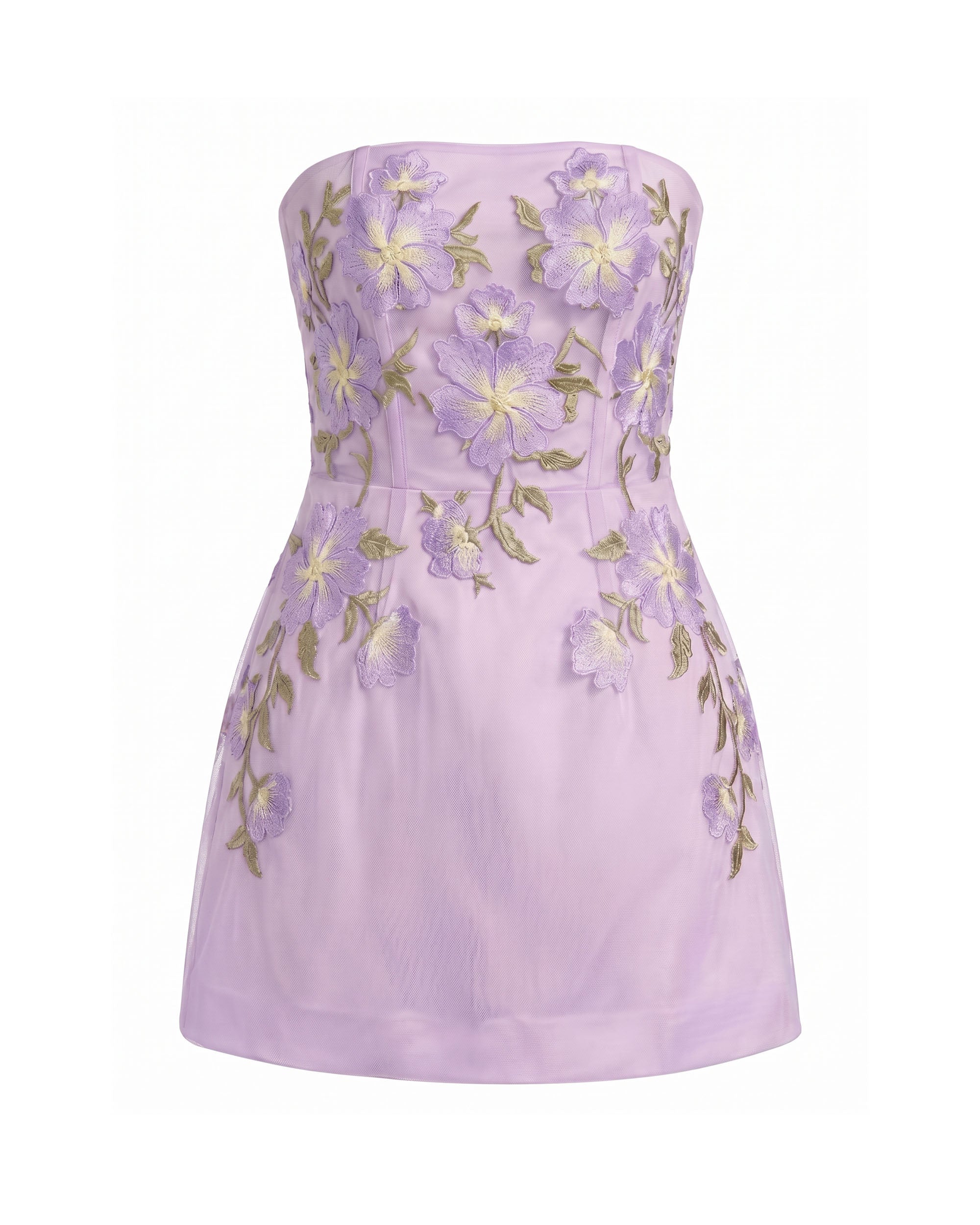 Floral Embroidered
Strapless Corset Mini Dress - Light Purple