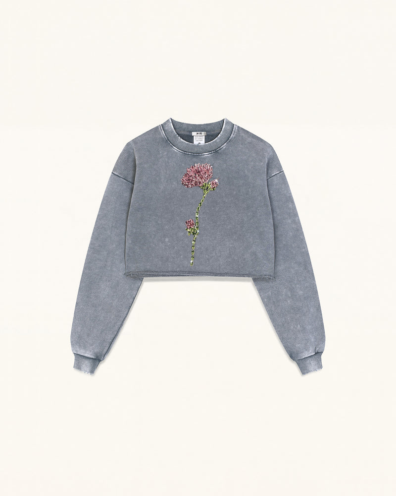 Rhinestone Rose Frayed Hem Cropped Pullover - Vintage Slate