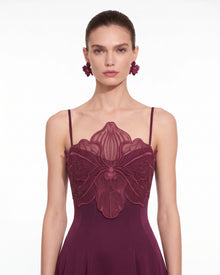 3D Floral Strappy A-Line Maxi Dress - Burgundy