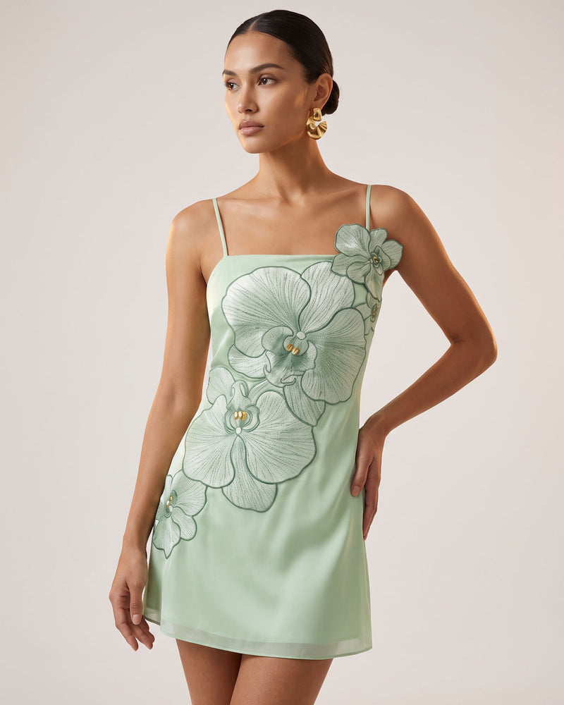 Orchid Appliqué Mini Dress - Mint Green