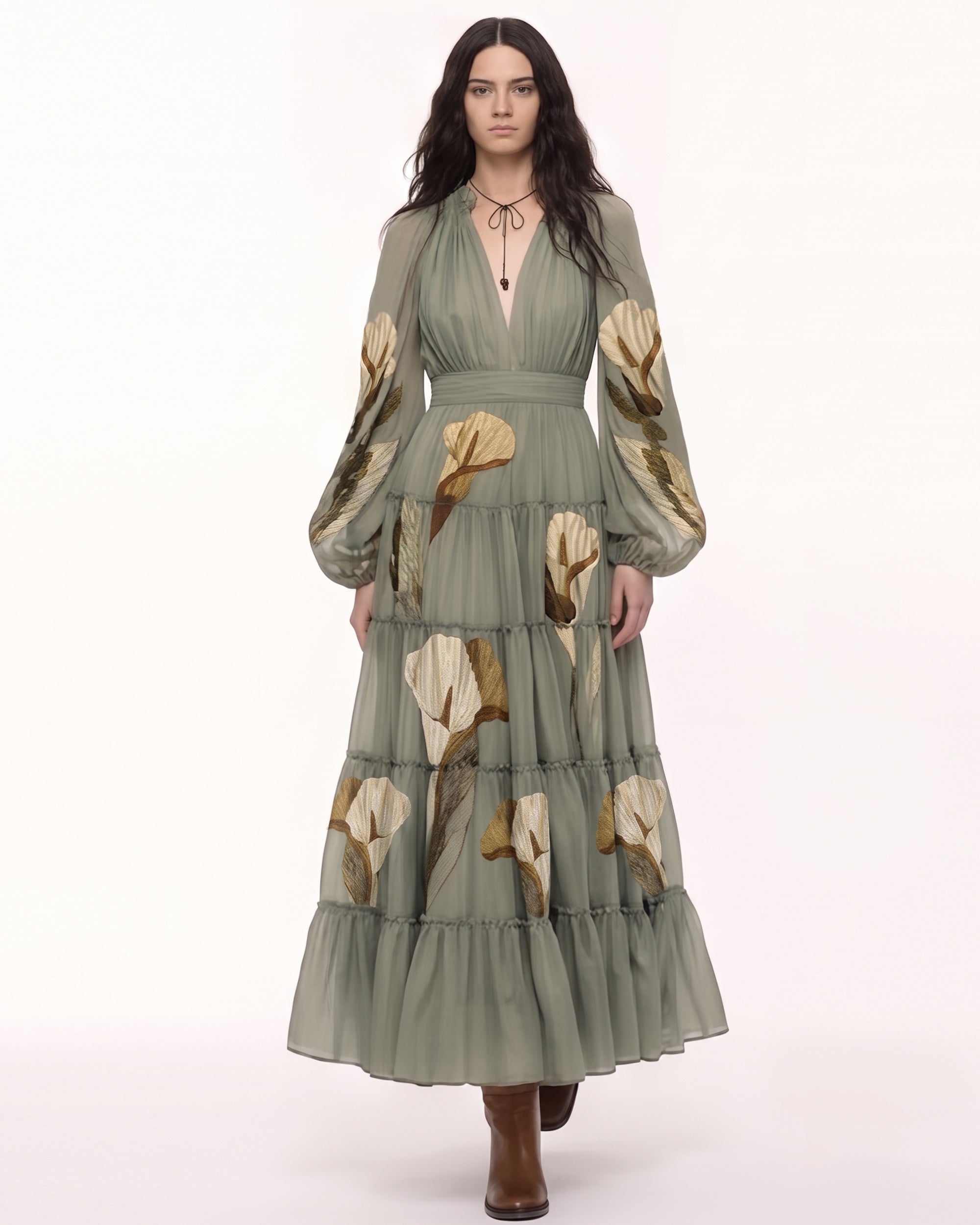 Calla Lily Tiered Long-Sleeve Maxi Dress - Sage Green