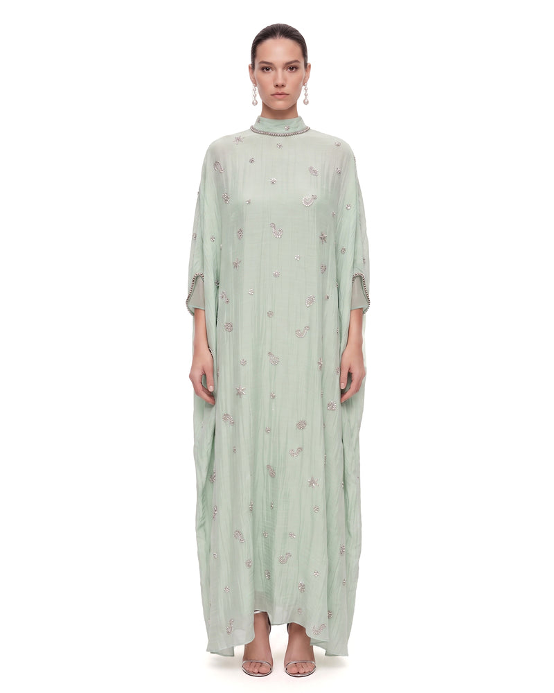 Embellished Mock-Neck Kaftan Maxi Dress - Mint Green