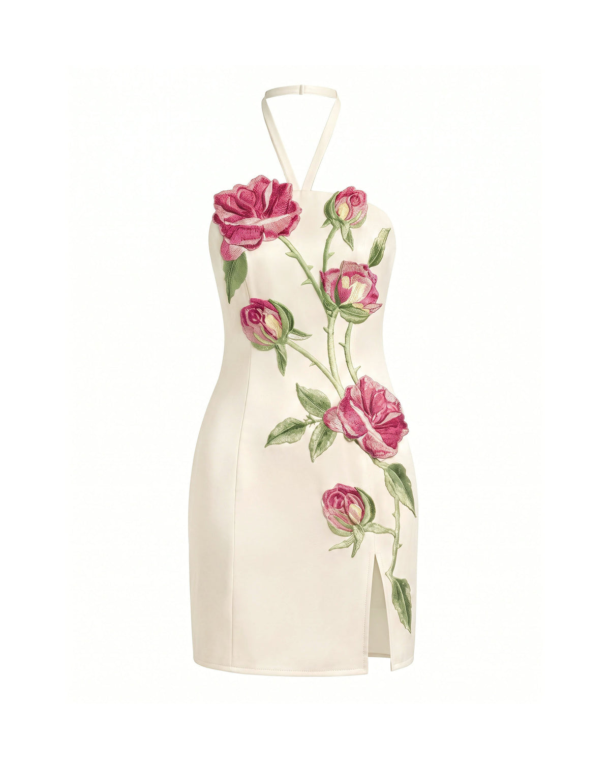 Rose Embroidered Side-Slit Halter Mini Dress - Pure White