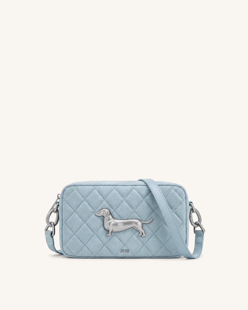 Riley Faux Suede Dachshund Quilted Shoulder Bag - Light Blue