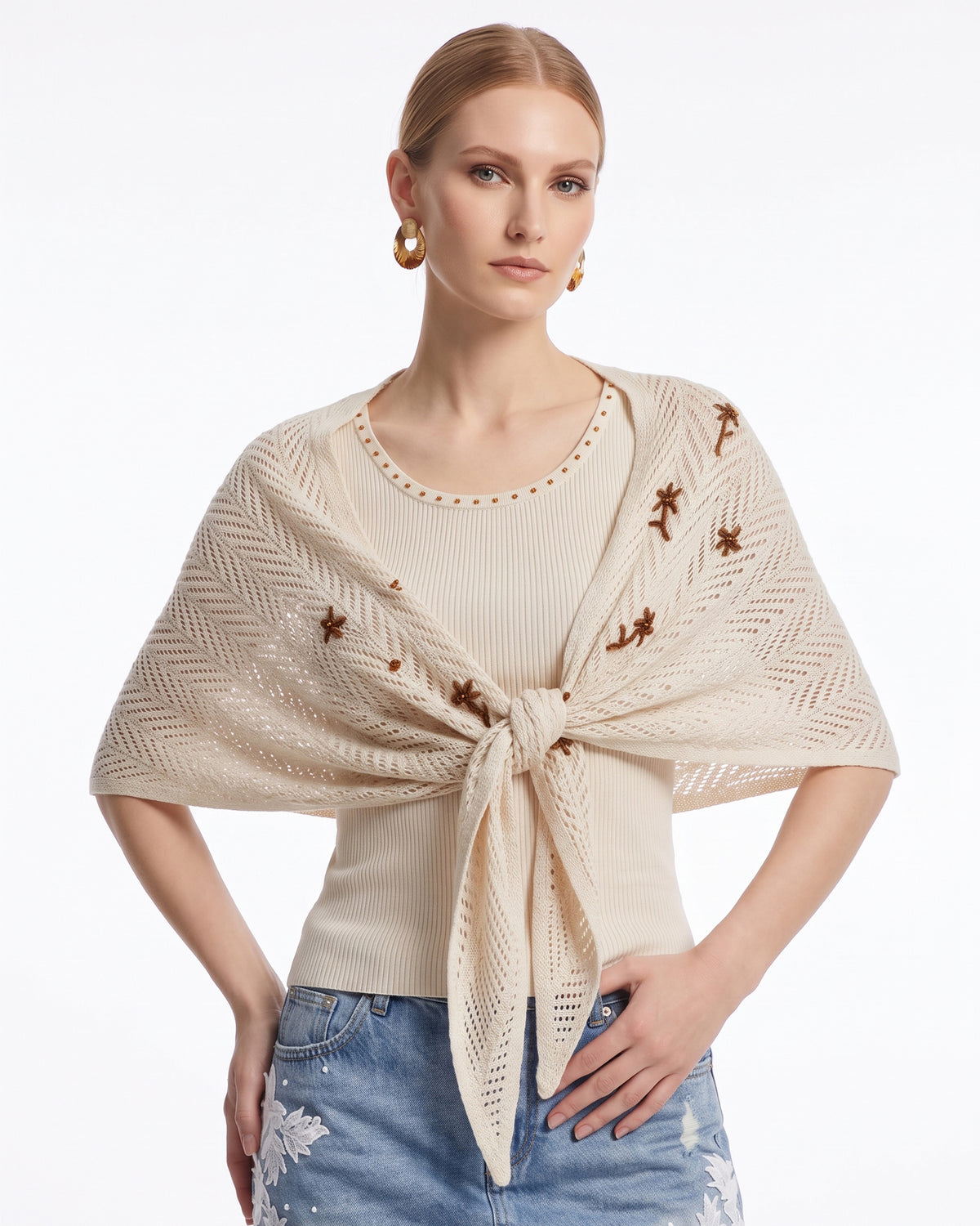 Embroidered Knit Shawl and Top Set - Beige