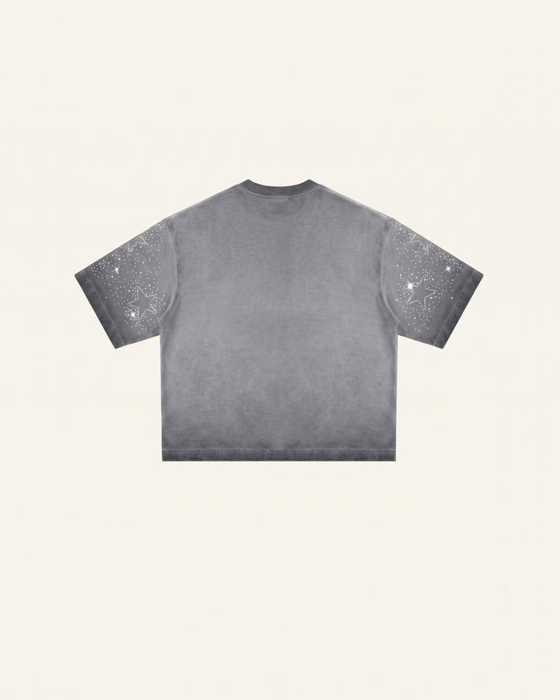 Cosmic Starburst Rhinestone Tee - Washed Grey