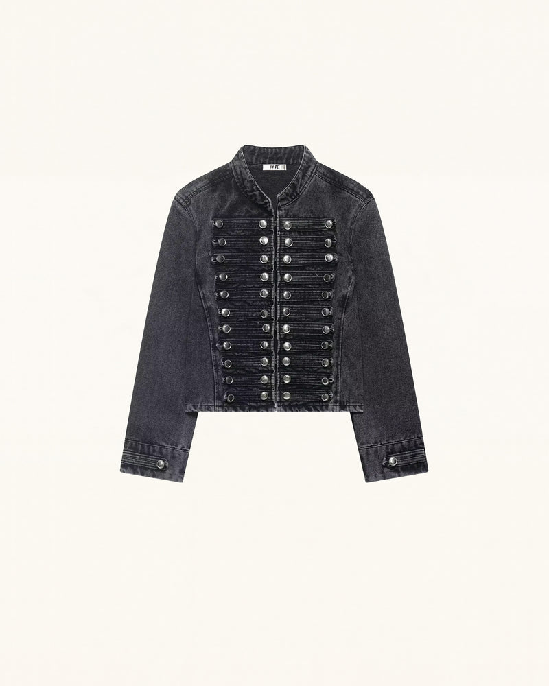 Hussar Braided Stand Collar Denim Jacket - Washed Charcoal