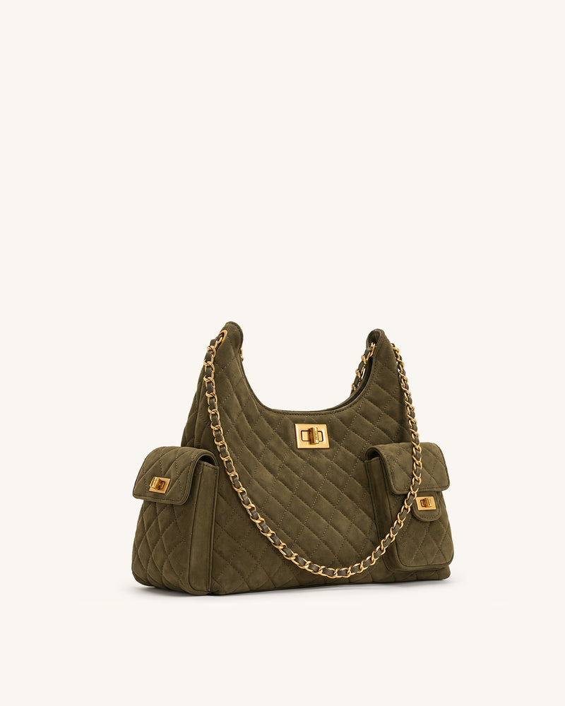 Vivian Faux Suede Quilted Chain Shoulder Bag - Olive Green
