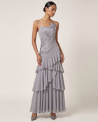 Orchid Embroidered Ruffled One-Shoulder Maxi Dress - Lavender Gray