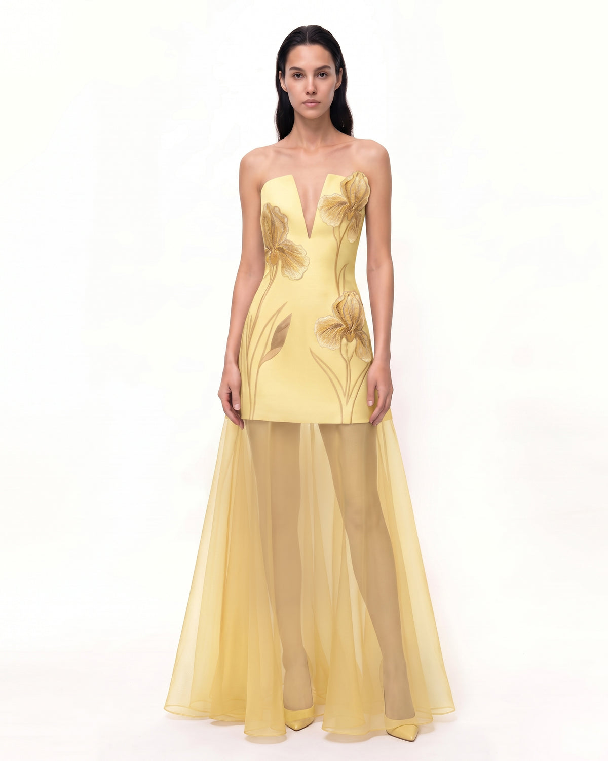 Iris Embroidered Plunge Sheer Overlay Maxi Dress - Soft Butter Yellow