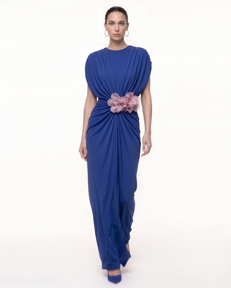 Floral Appliqué Draped Ruched Maxi Dress - Royal Blue