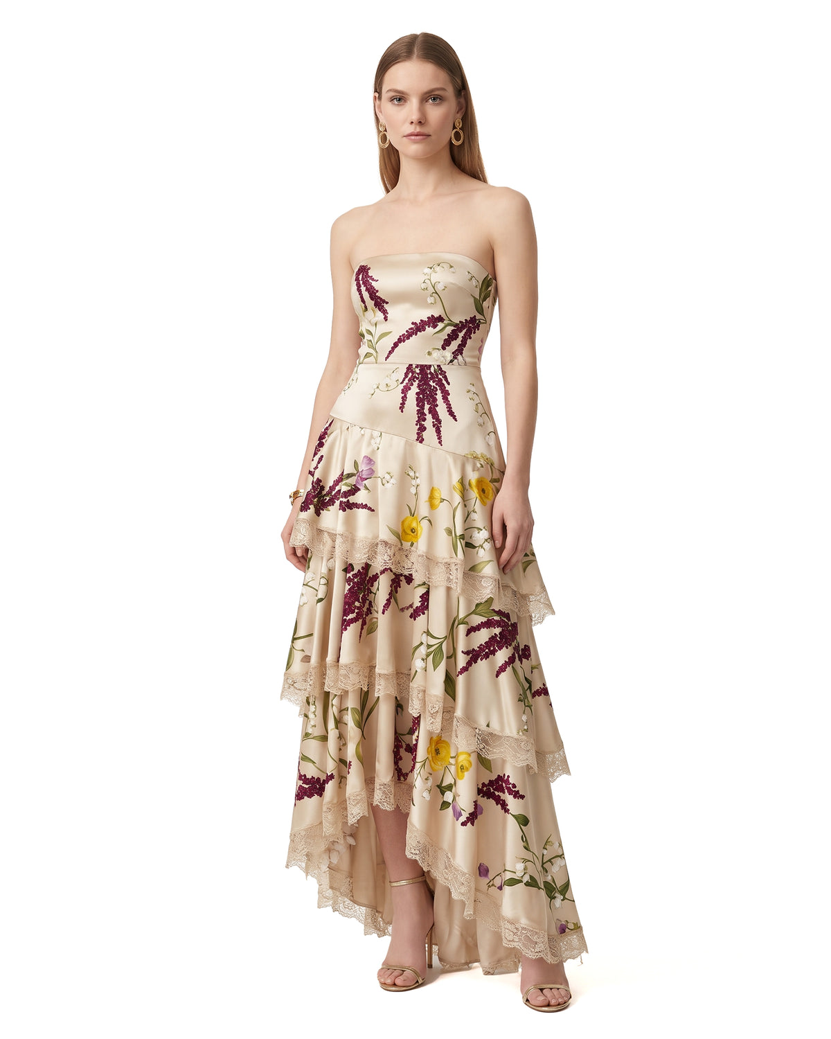 Strapless Floral Tiered Asymmetric Gown - Nude
