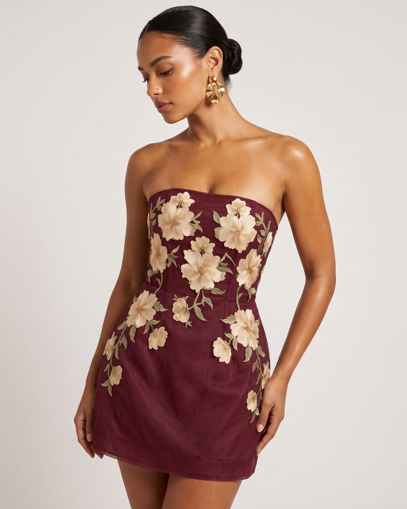 Floral Embroidered Strapless Corset Mini Dress - Burgundy