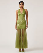 Orchid Embroidered Sheer Hem Halter Maxi Dress - Olive