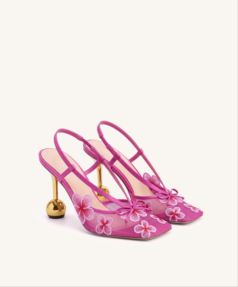 Mireille Floral Embroidered Bow Slingback Pumps - Fuchsia
