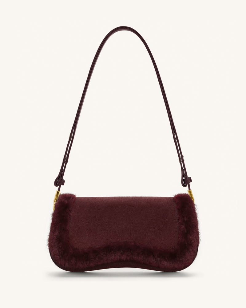Joy Faux Suede Wool Trim Shoulder Bag - Burgundy