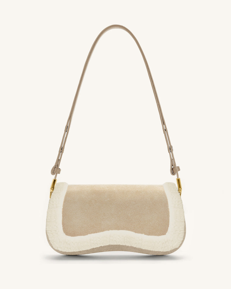 Joy Faux Suede Wool Trim Shoulder Bag - Apricot