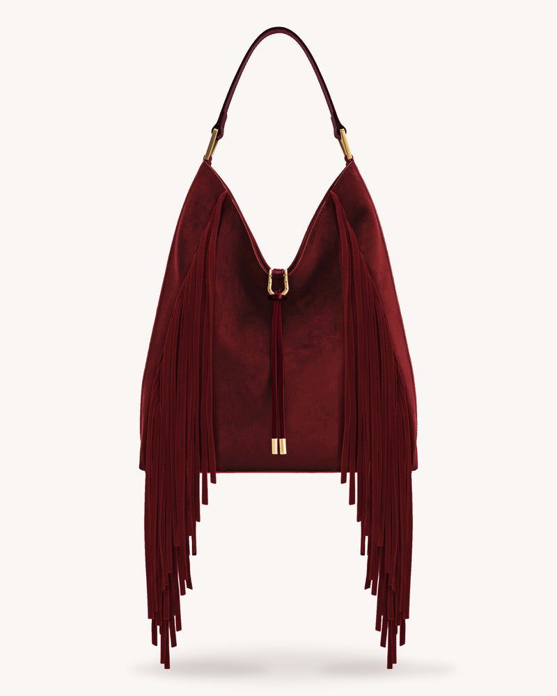 Aria Faux Suede Fringe Shoulder Bag - Burgundy