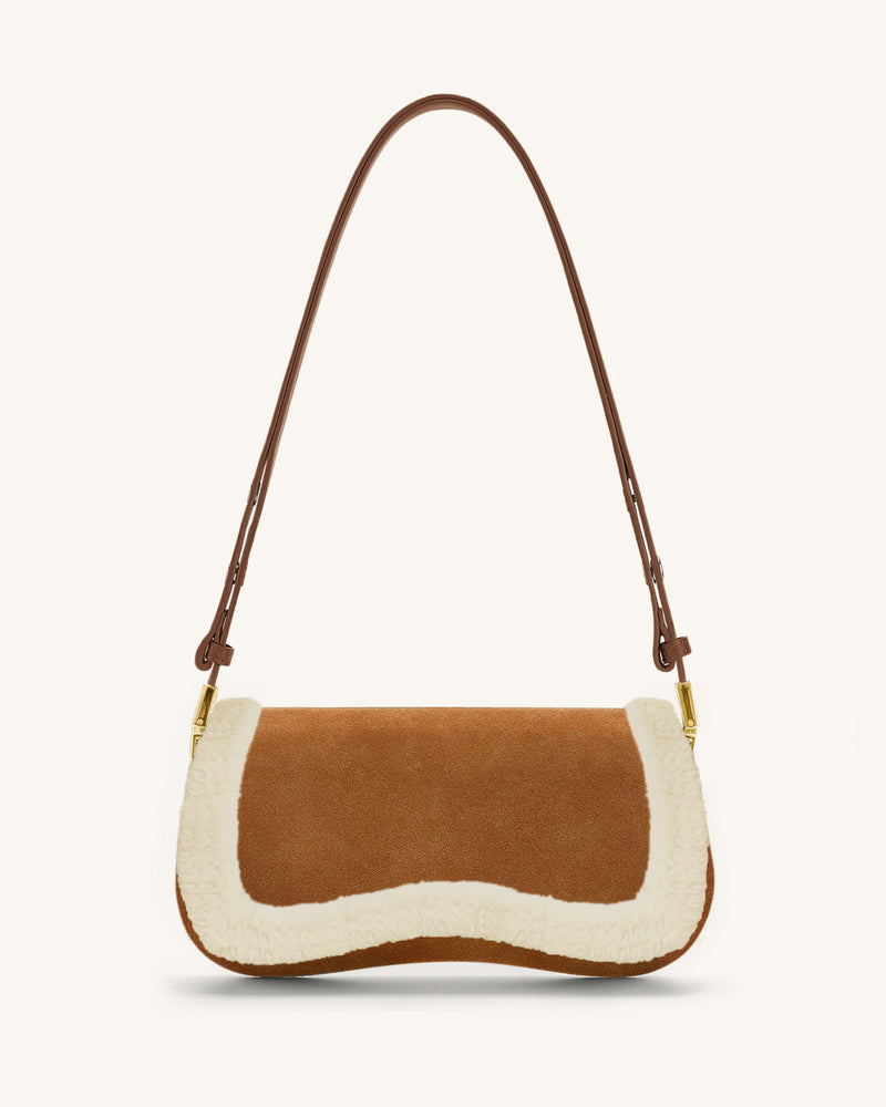 Joy Faux Suede Wool Trim Shoulder Bag - Brown