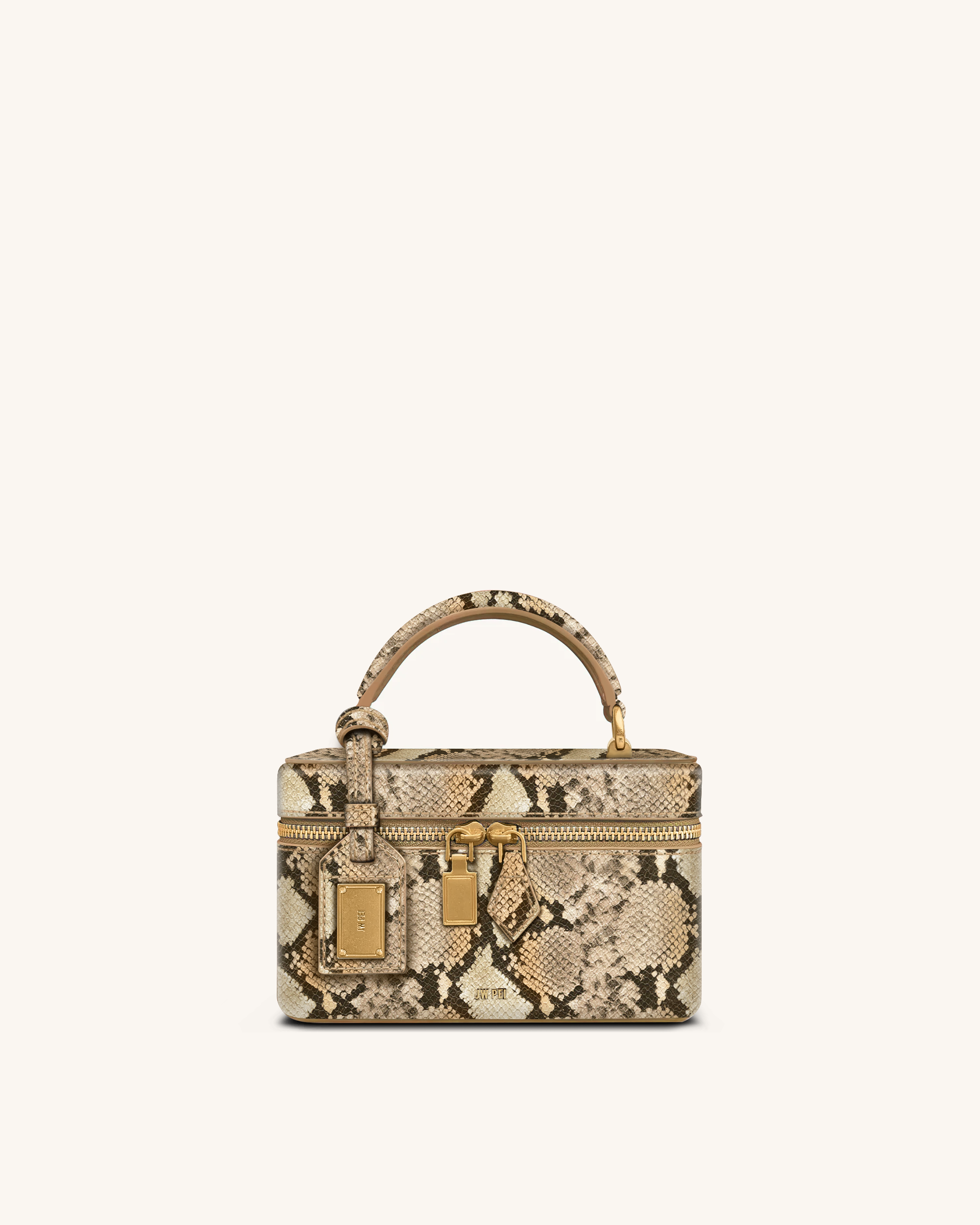 Cleo Snake-Embossed Box Shape Top Handle Bag - Beige