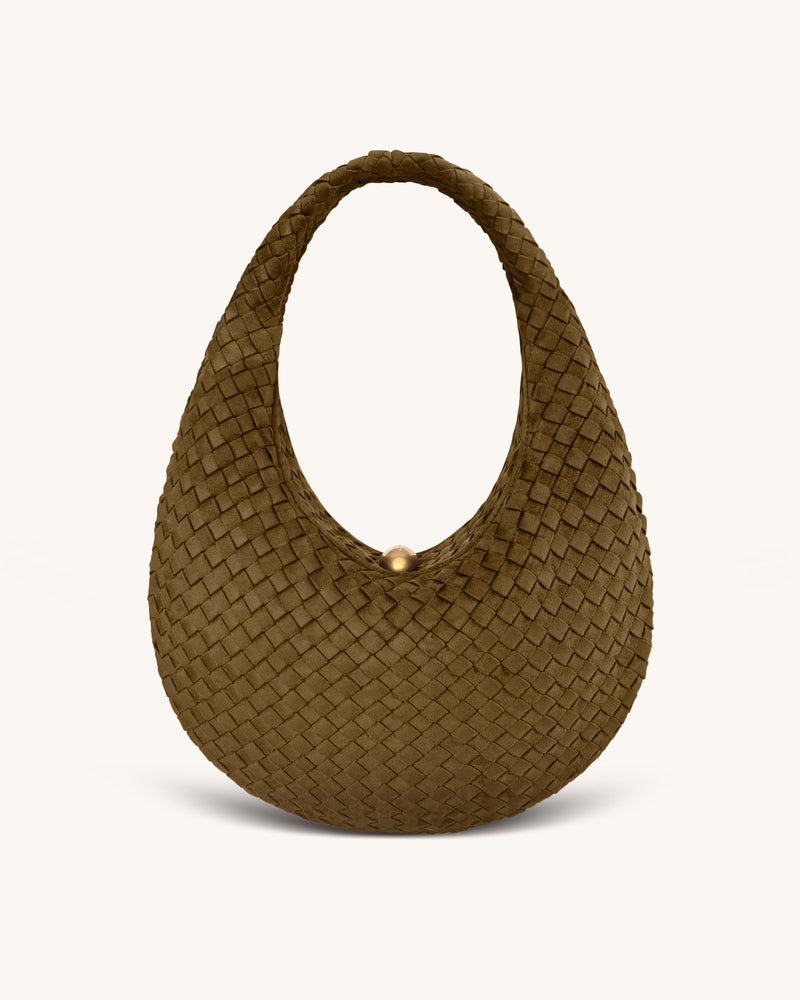 Nola Faux Suede Woven Hobo Shoulder Bag - Olive Green