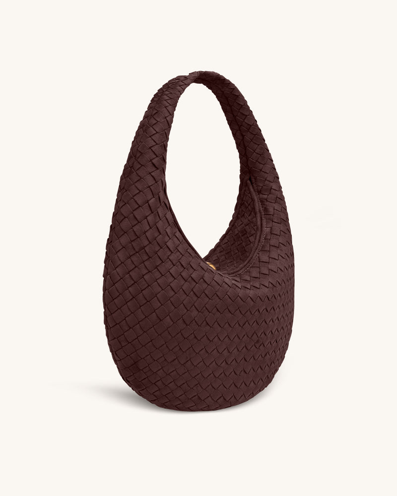 Nola Faux Suede Woven Hobo Shoulder Bag - Dark Mocha