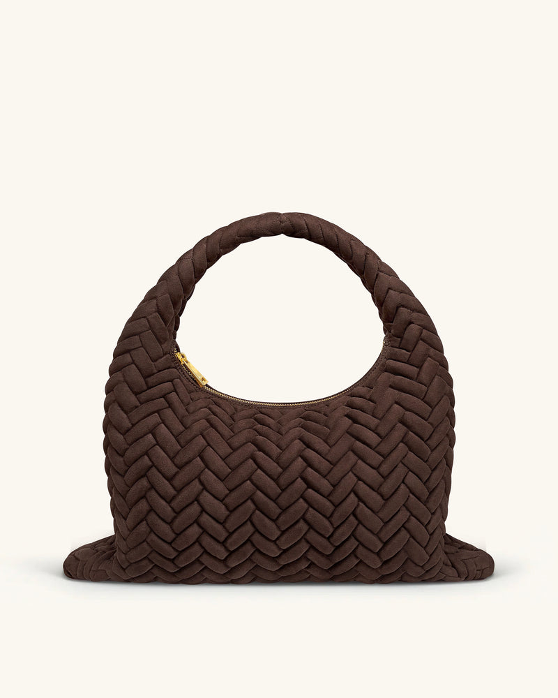 Cora Large Faux Suede Quilting Hobo Shoulder Bag - Dark Brown