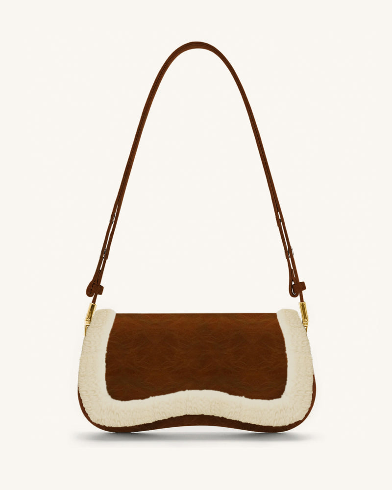 Joy Faux Suede Wool Trim Shoulder Bag - Dark Brown